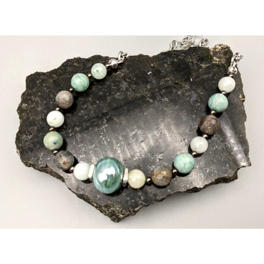 Handmade Silver Tone Gemstone Choker Amazonite Labradorite Moonstone Necklace
